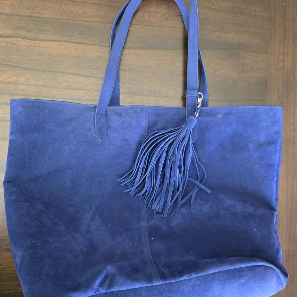 La Diva Blue Faux Suede Tote 
 with Tassel Detail